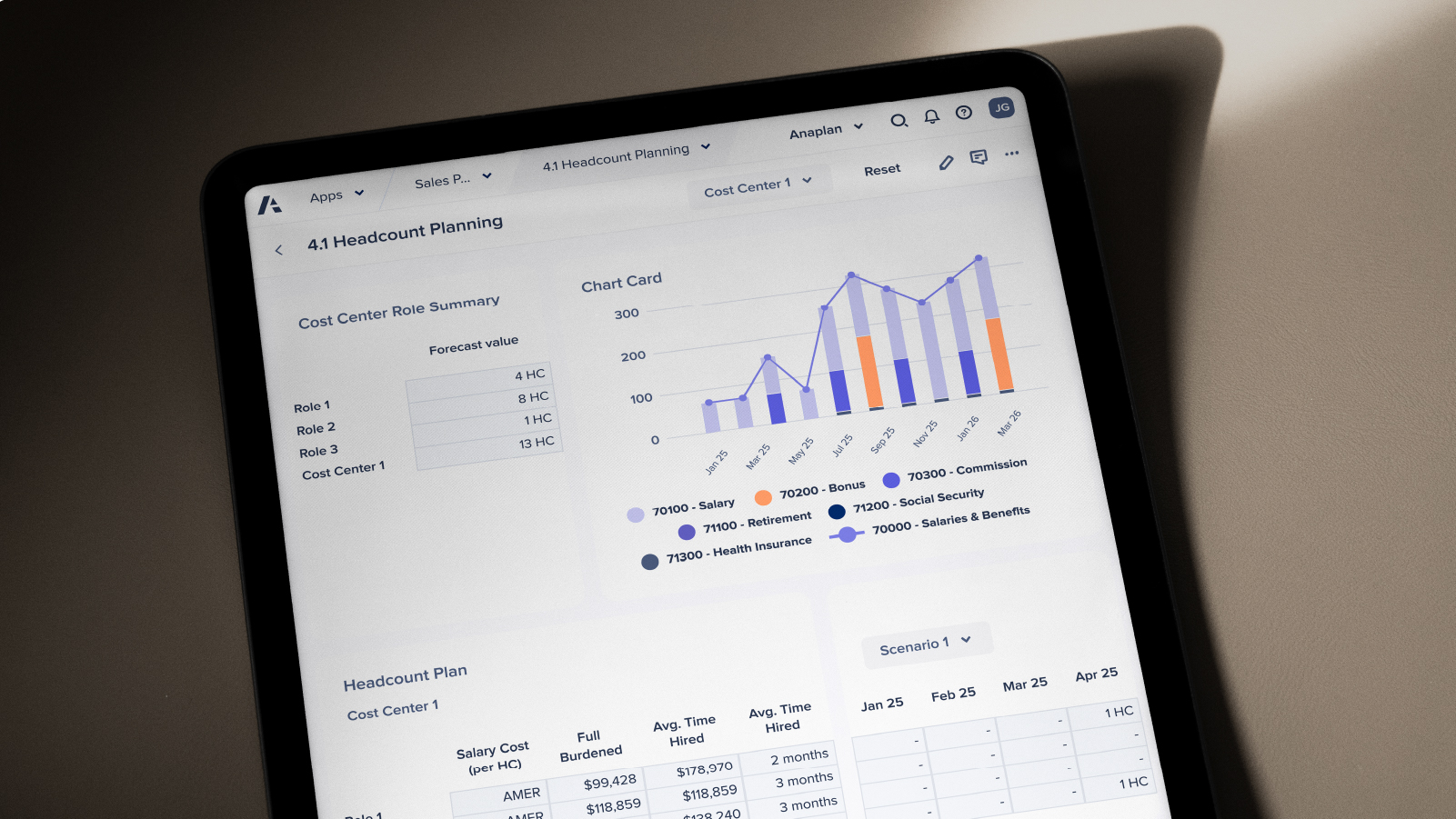 Ending CTA Tablet Portrait Headcount Planning 2 Resource Tile Tablet screen displaying a headcount planning dashboard. Includes a cost center role summary, a bar and line chart visualizing forecasted compensation categories, and detailed hiring and salary cost data in table format.