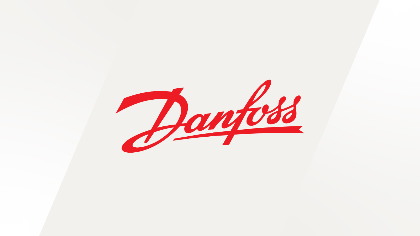 Danfoss logo displayed center. Danfoss logo in red script on a white background with soft gray diagonal accents.