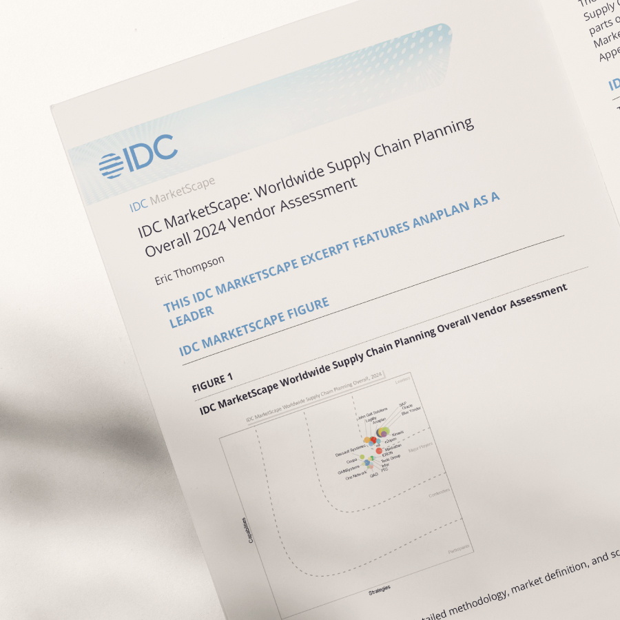 IDC Supply Chain Planning 2024 Assessment Promo Tile IDC MarketScape excerpt for “Worldwide Supply Chain Planning Overall 2024 Vendor Assessment.” The page highlights Anaplan as a leader and shows a quadrant-style figure with various vendor positions.