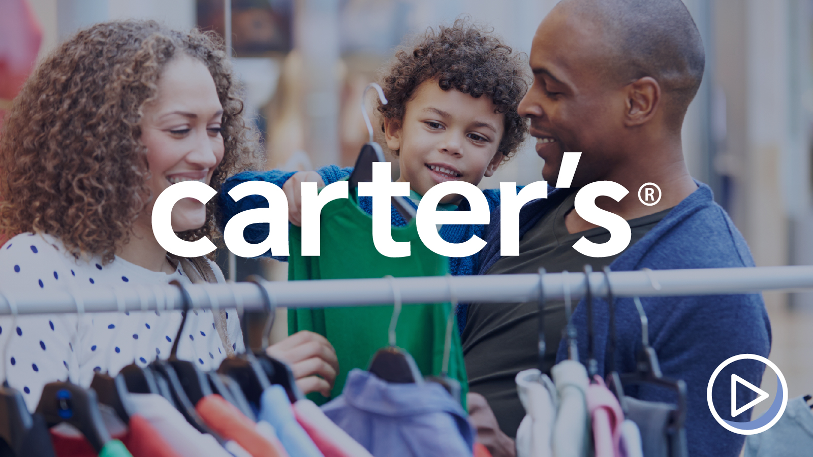 Graphic: family shopping at retail with Carter's logo overlay
