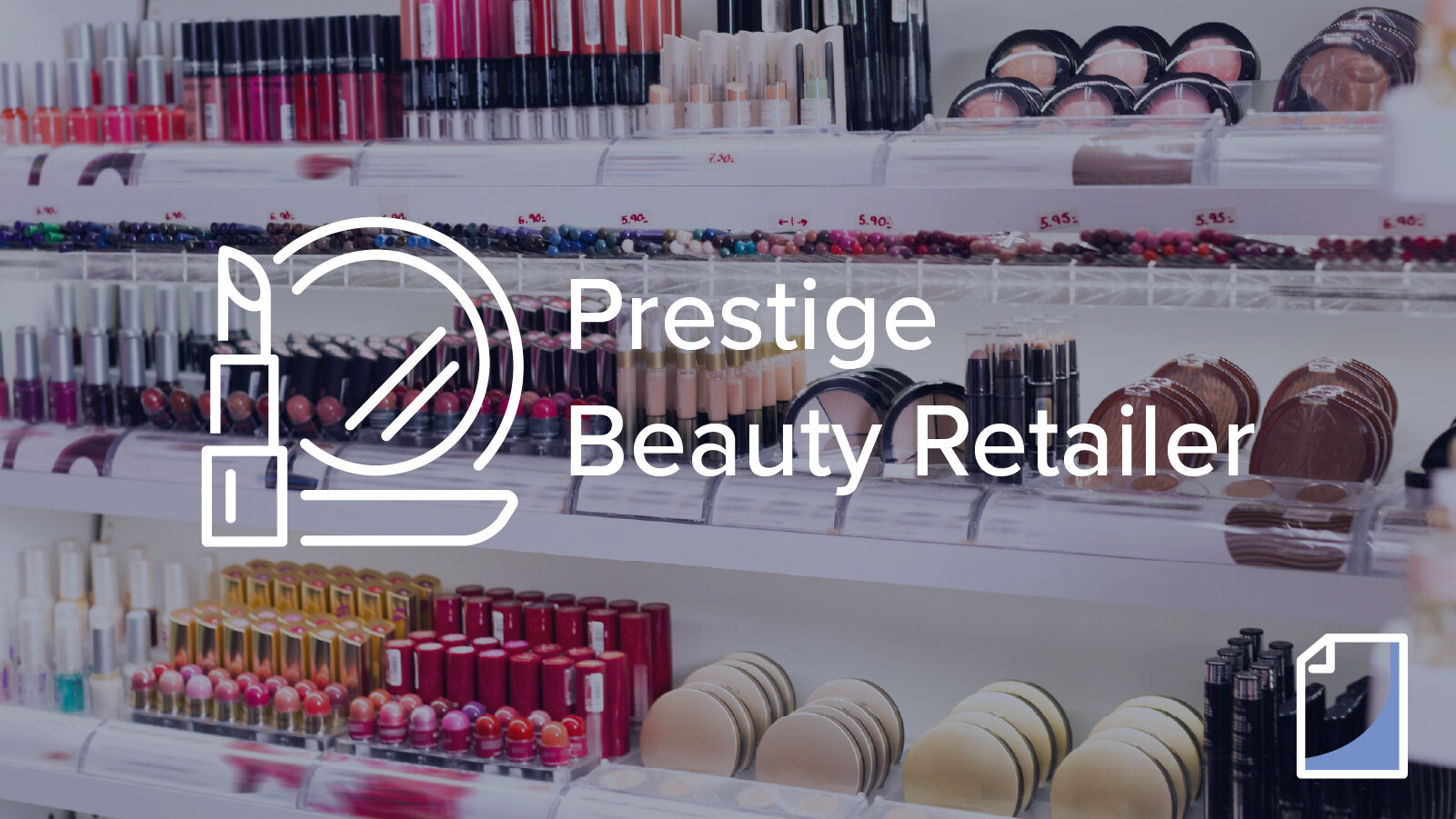 Graphic: Prestige Beauty Retailer logo overlayed on makeup counter