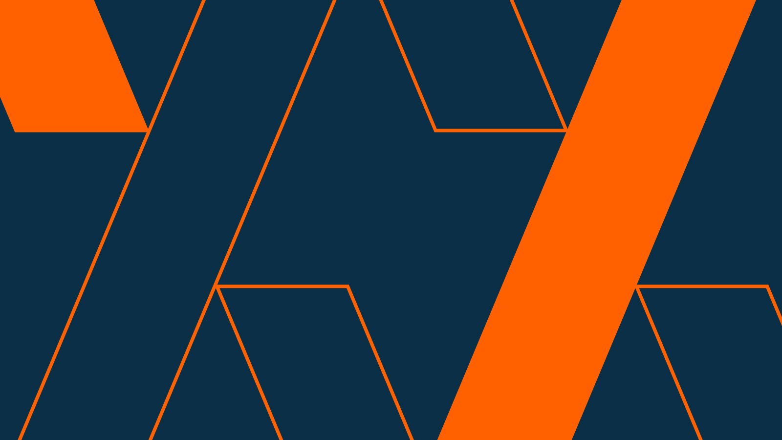 Dark blue background with orange geometric outlines and diagonal patterns.