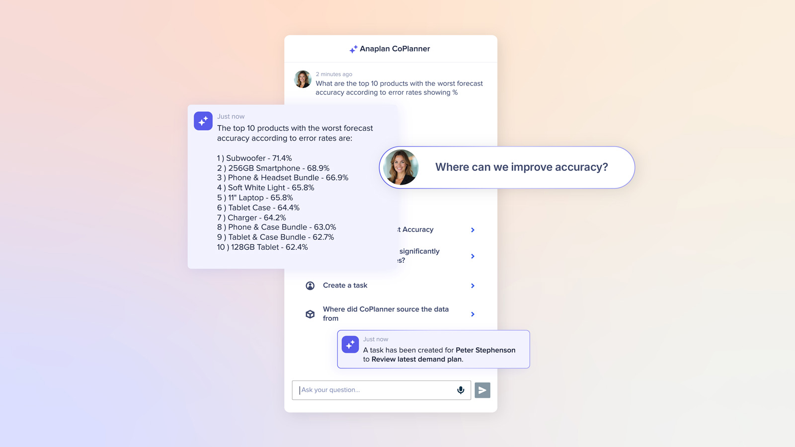 Anaplan CoPlanner insight showing top 10 products with worst forecast accuracy, with a user asking “Where can we improve accuracy?” and a task creation notice.