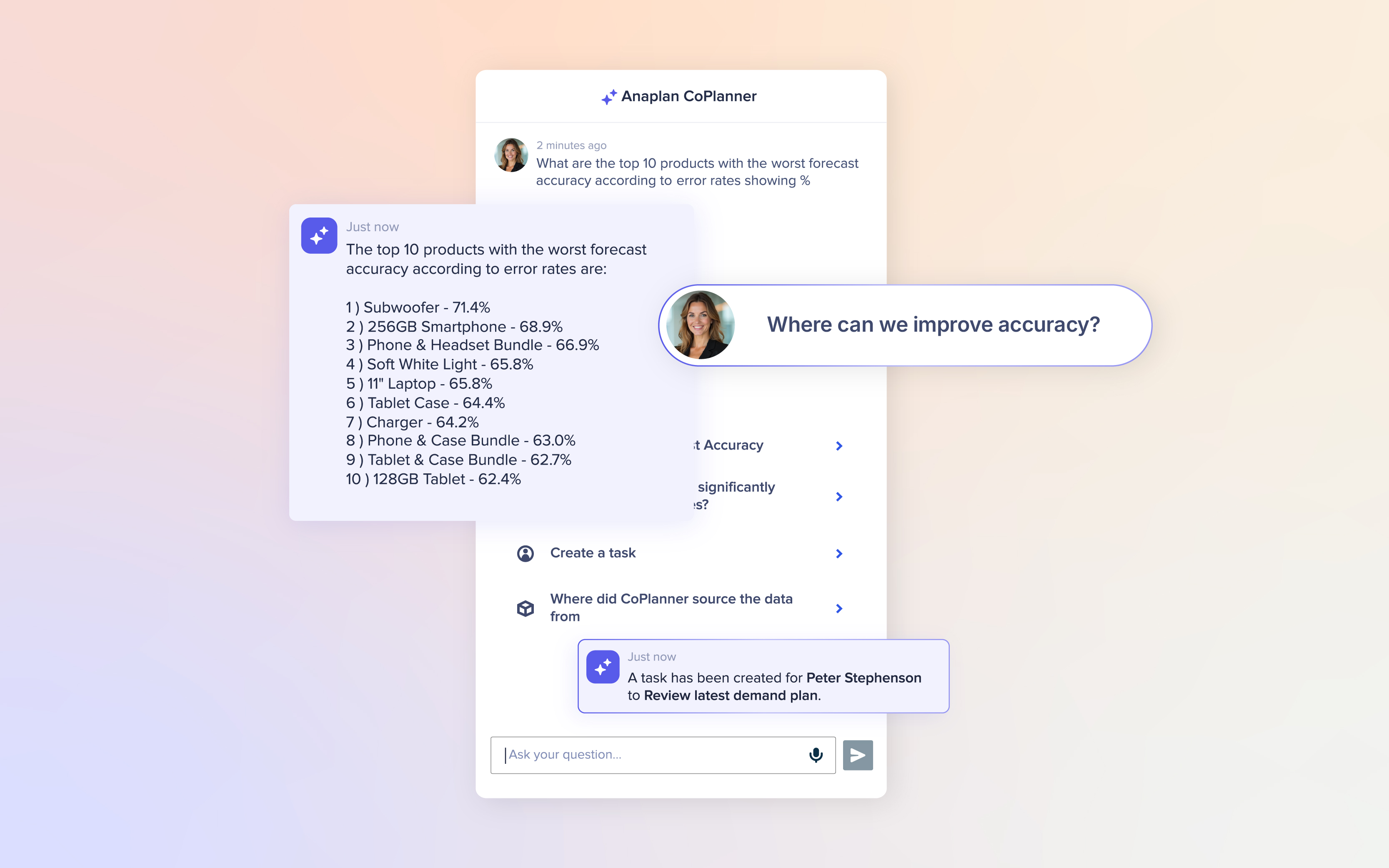 Anaplan CoPlanner insight showing top 10 products with worst forecast accuracy, with a user asking “Where can we improve accuracy?” and a task creation notice.