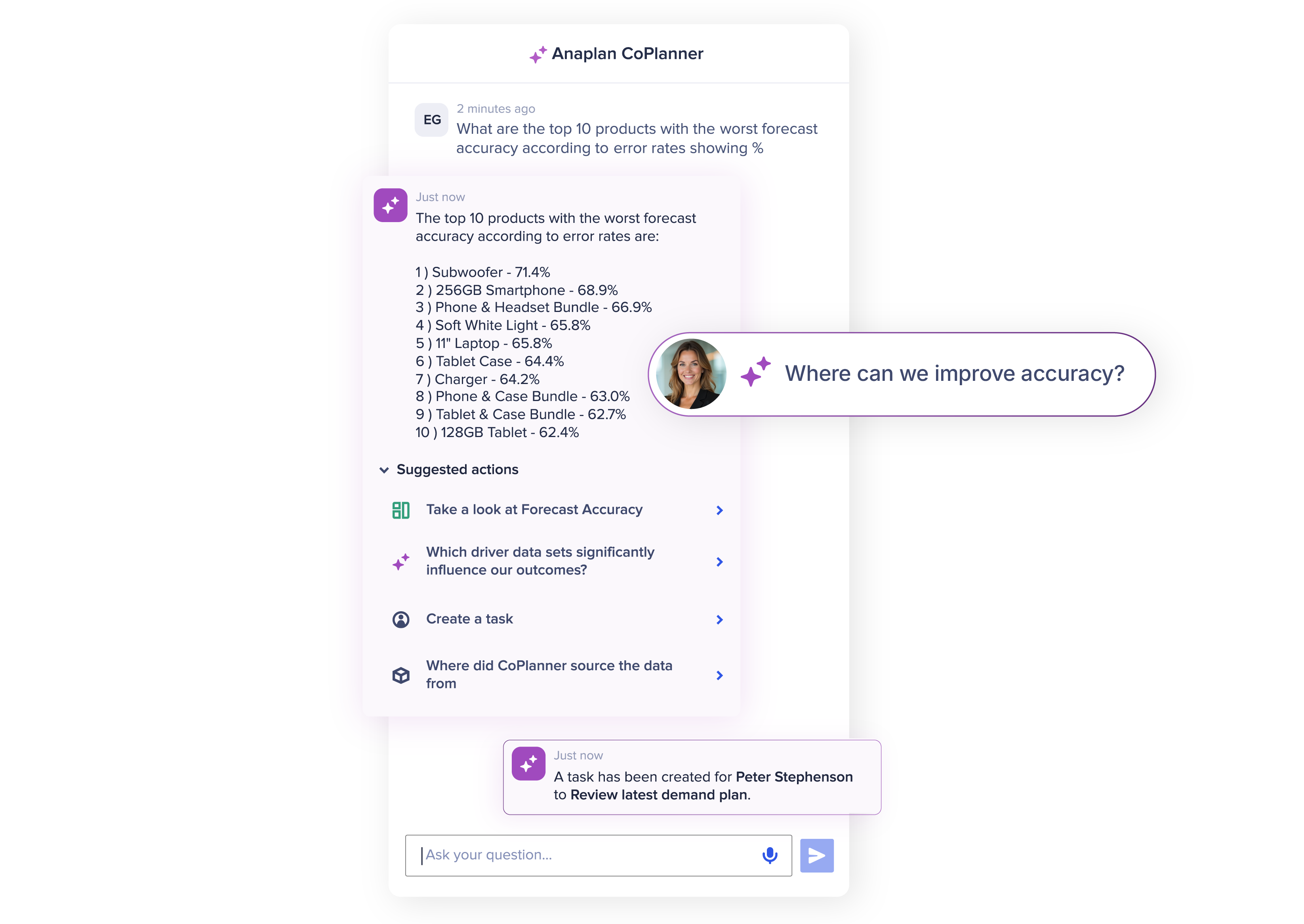 Anaplan CoPlanner AI chat example showing someone asking where they can improve efficiency and the AI providing recommendations