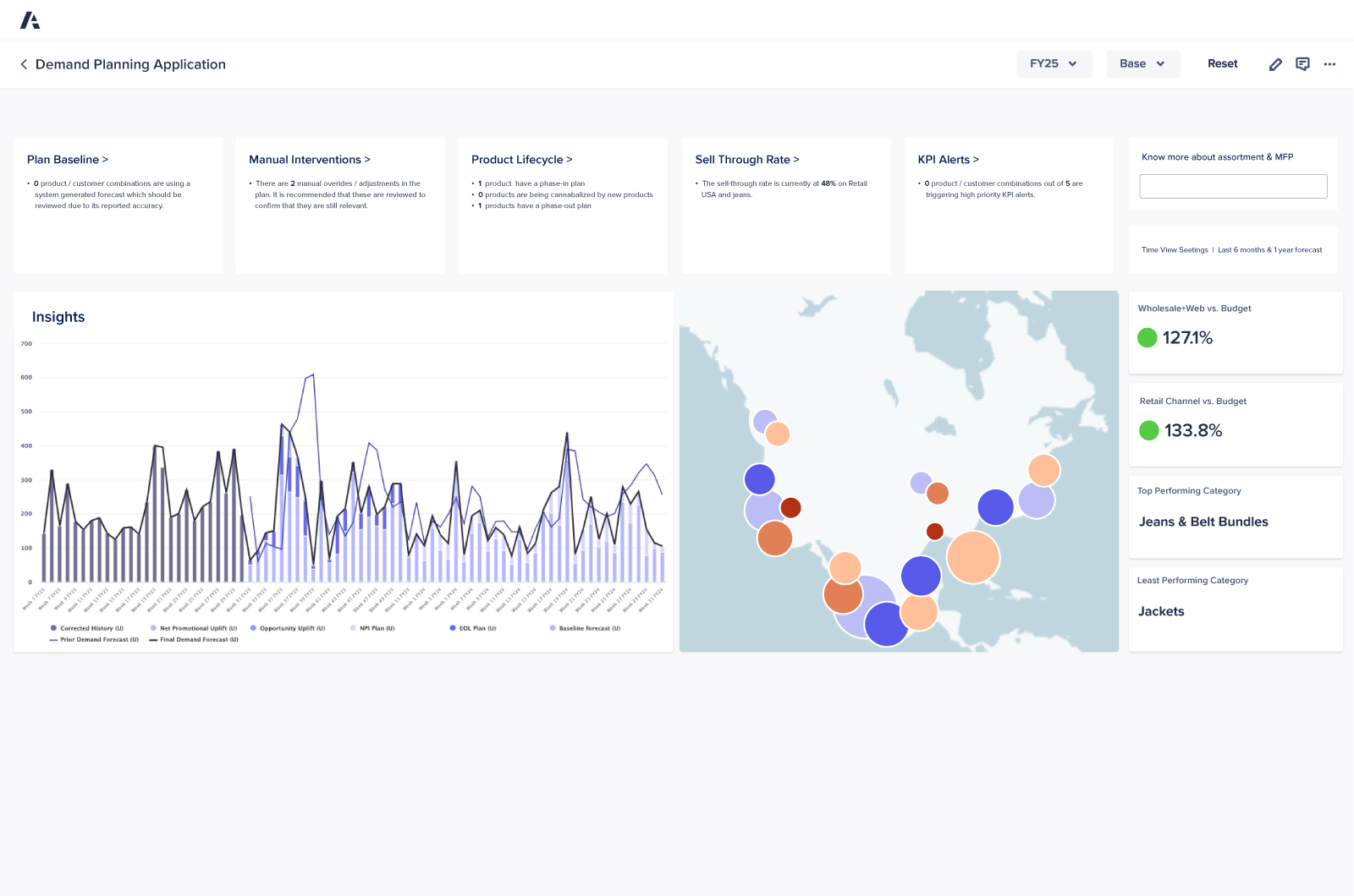 Anaplan Demand Planning Application dashboard displaying data insights. Includes graphs, a geographic data visualization, and key performance indicators for wholesale, retail, and product performance.