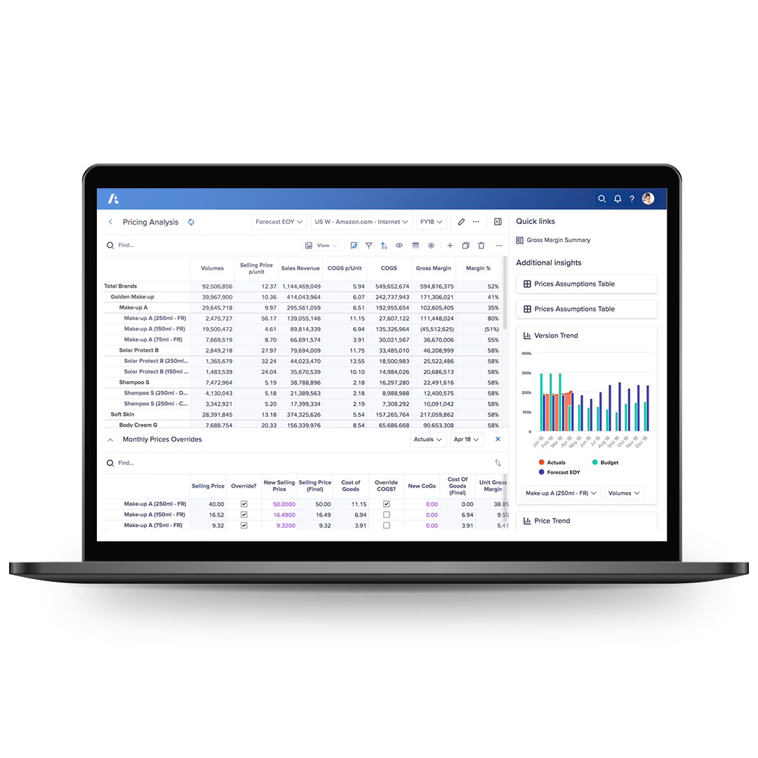 Tableau de bord des rapports Anaplan