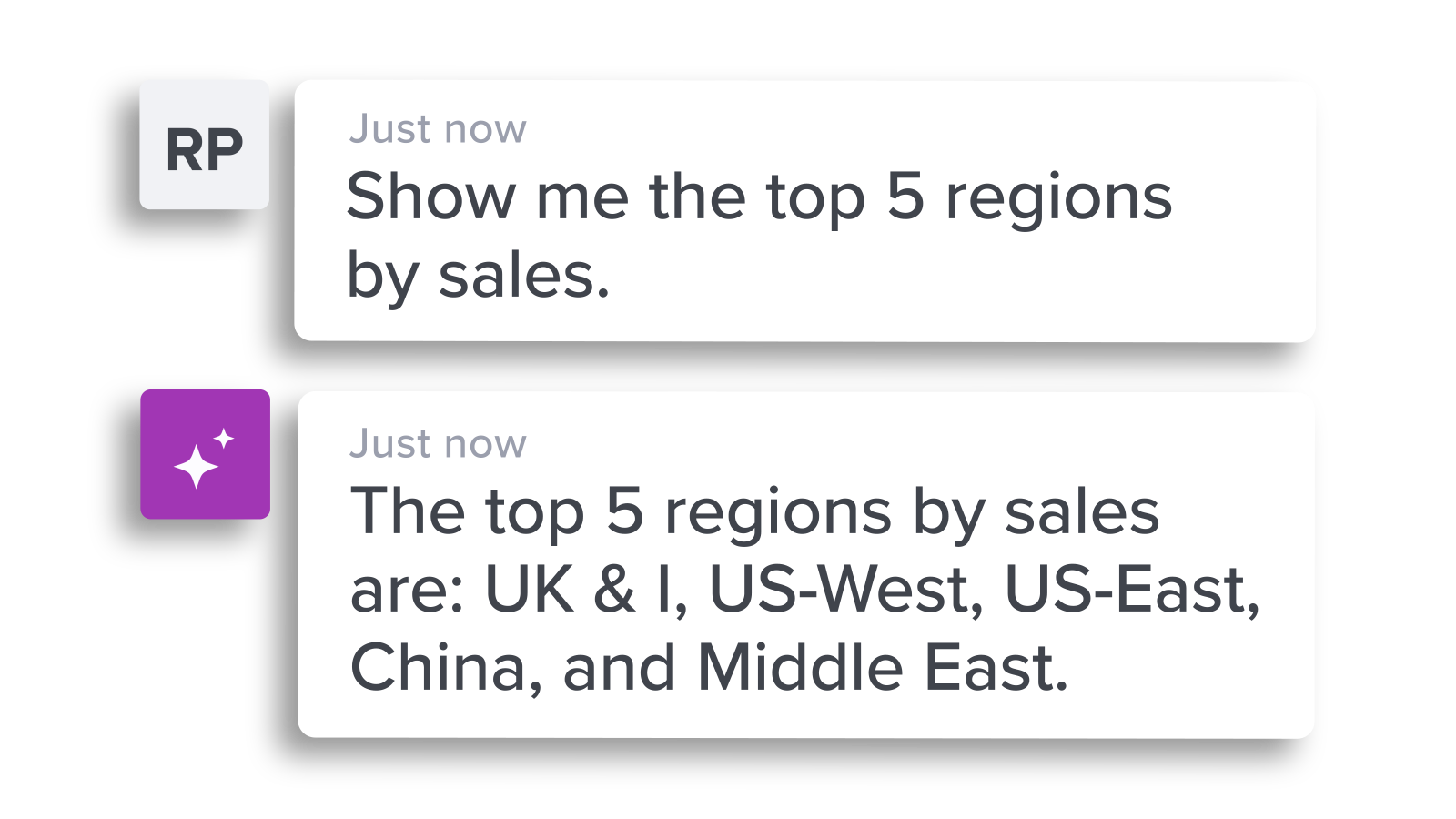 AI Chat conversation that says Show me the top 5 regions by sales. The top 5 regions by sales are: UK & I, US-West, US-East, China, and Middle East