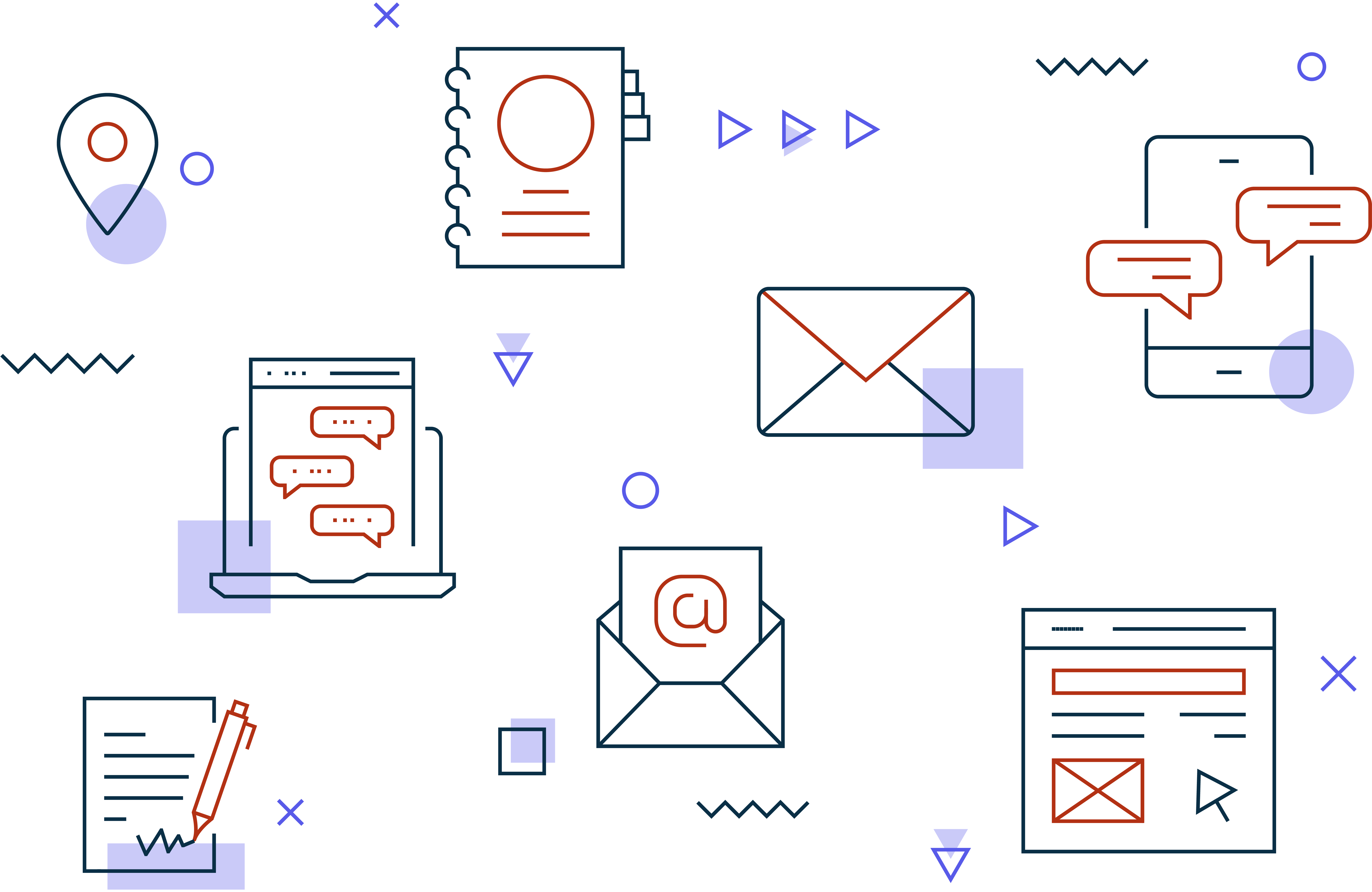 Illustration of emails, chats, letters showing various ways to communicate