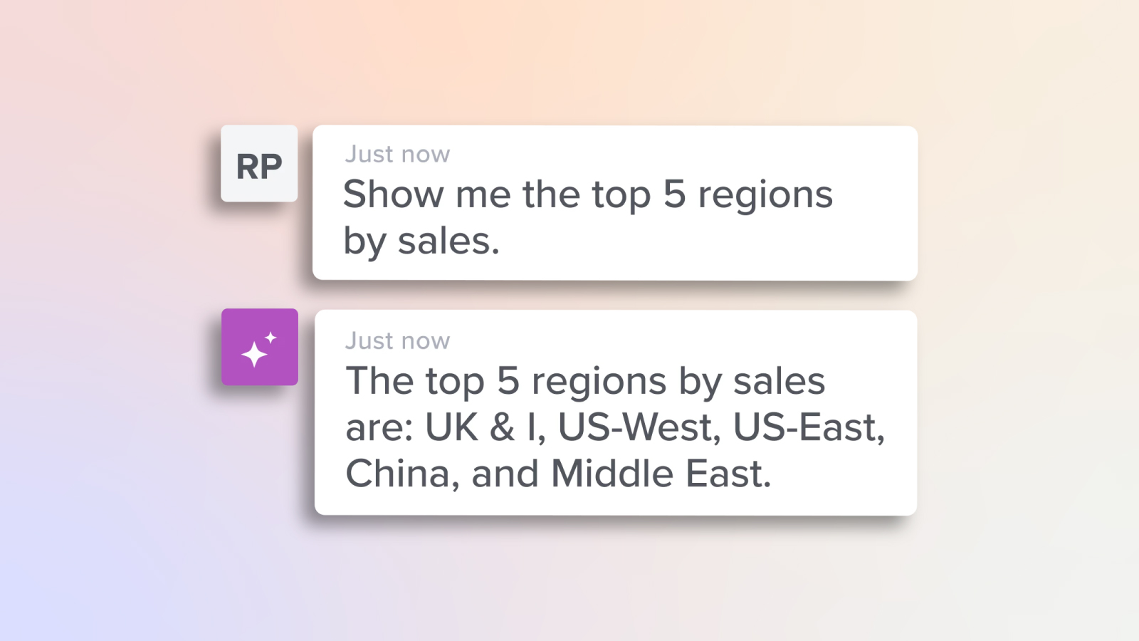 Anaplan CoPlanner AI Chat: "Show me the top 5 regions by sales. The top 5 regions by sales are: UK & I, US-West, US-East, China, Middle East