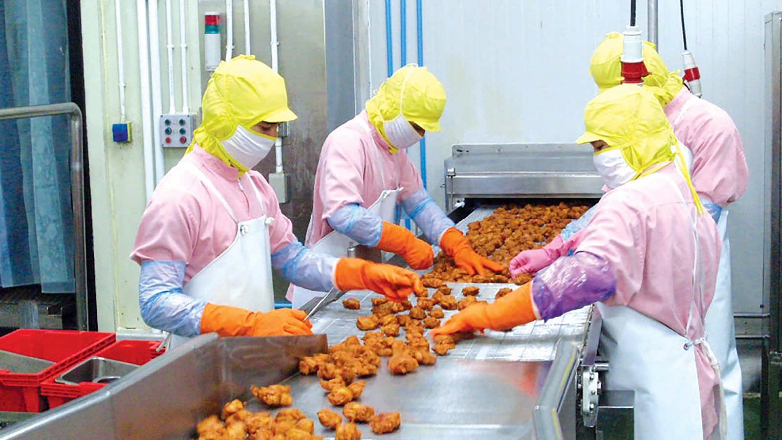 Ajinomoto workers sorting items on a conveyor belt