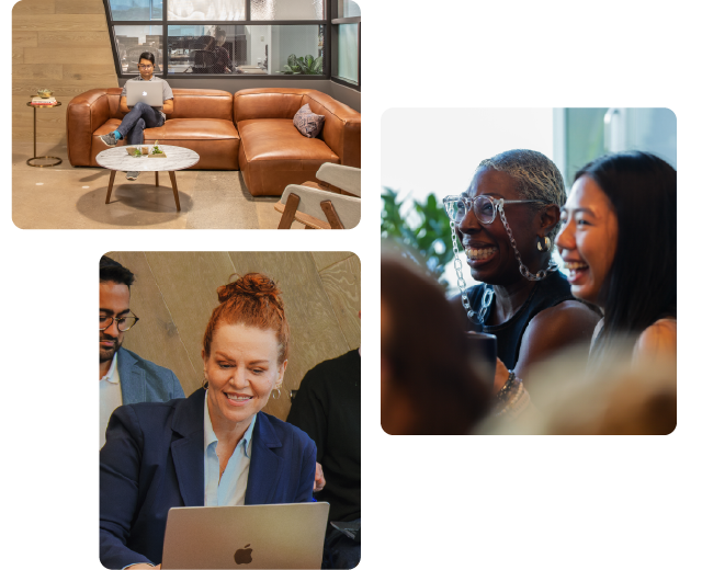 A collage of three images: a person working on a laptop in a modern lounge, a professional woman using a laptop with colleagues, and two women laughing at a social gathering