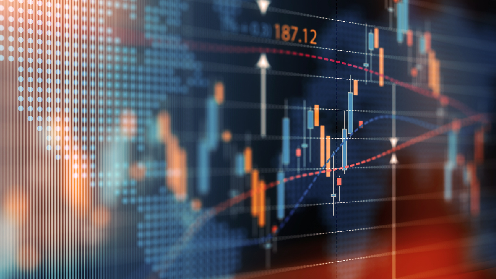 Stock market chart displayed against a world map, representing global financial dynamics and market analysis.