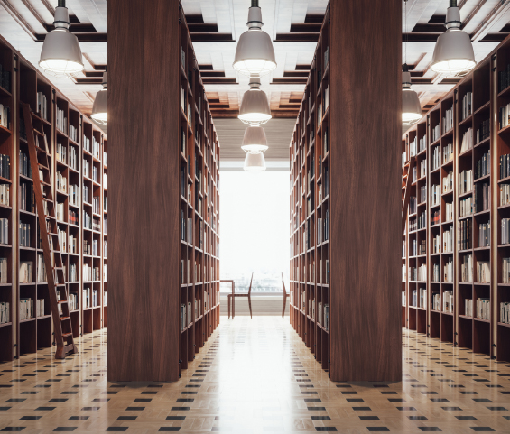 A long row of bookshelves filled with books, creating a serene atmosphere in a library setting.