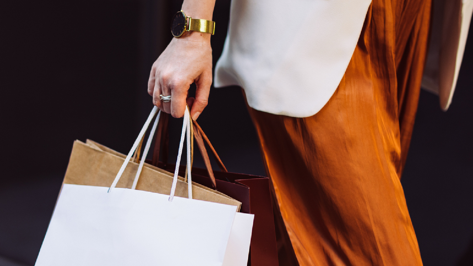 A woman is seen carrying multiple shopping bags in her hands.