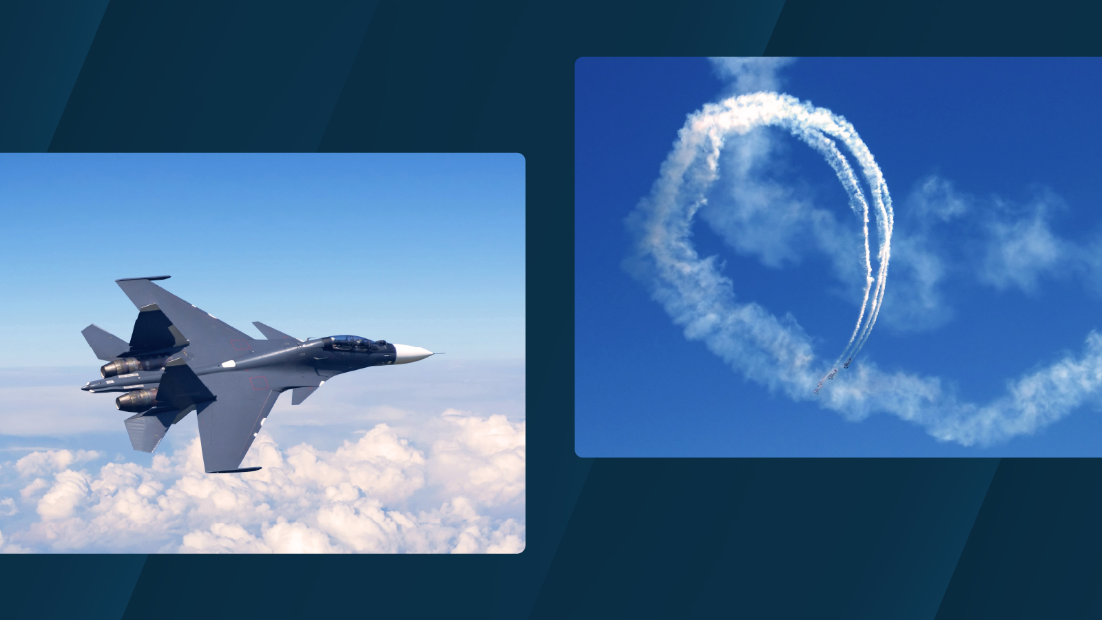 A fighter jet flies above the clouds against a bright blue sky on the left, while aircraft on the right leave a circular smoke trail in the clear sky, with a dark blue gradient background framing the images.