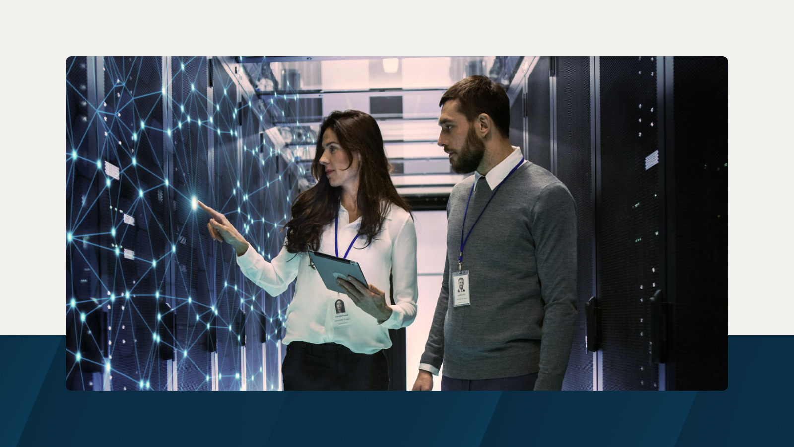 Anaplan solution brief on accelerating transformation and driving profitable growth in telecommunications. The text highlights reducing uncertainties in decision-making, with an image of professionals reviewing a digital network interface in a data center.