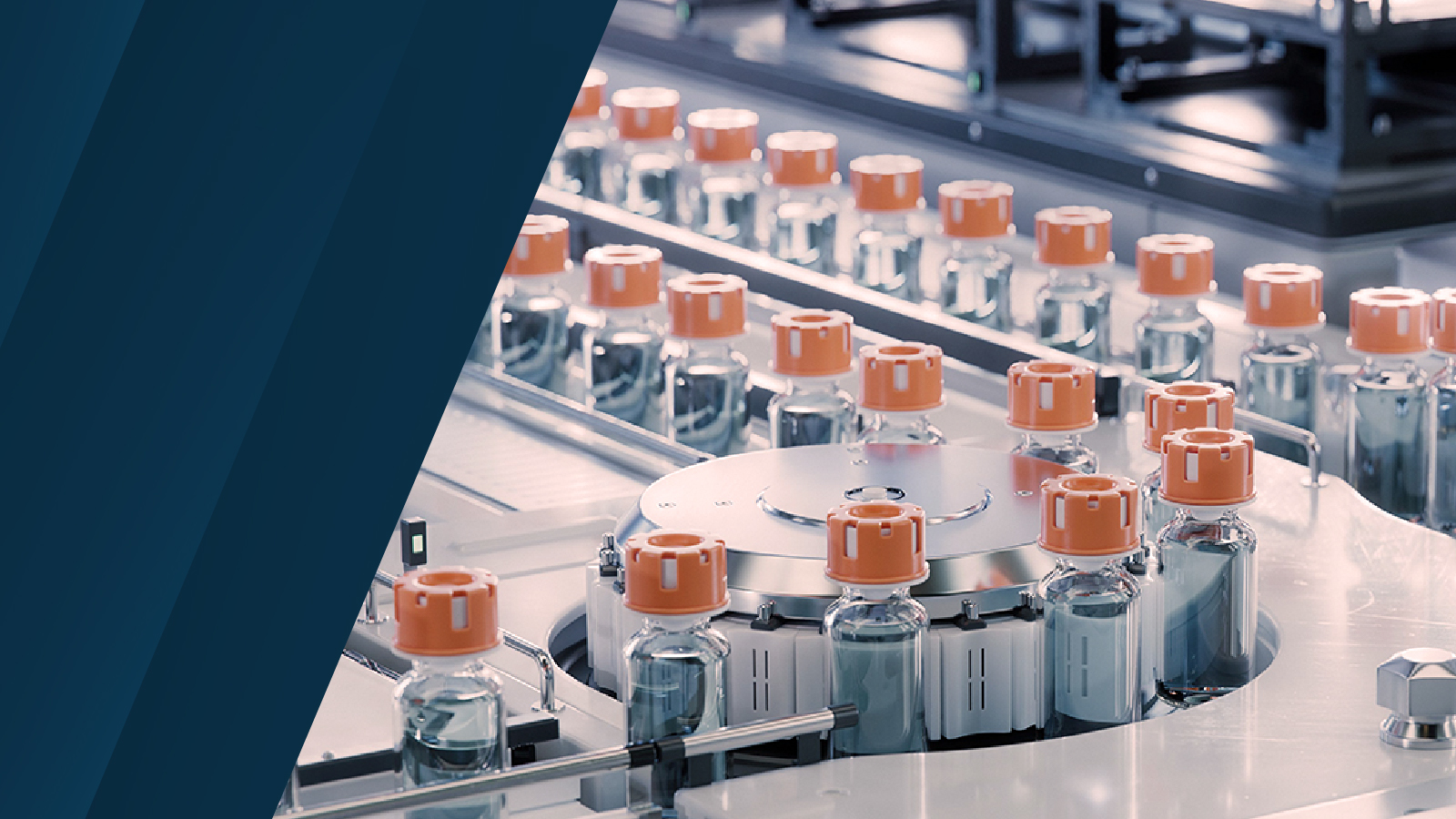 Anaplan webinar on integrated business planning in pharma. The text highlights "From strategy to execution: The power of integrated business planning in pharma," with an image of a pharmaceutical production line with vials on a conveyor system.