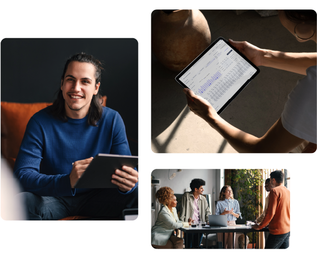 A collage showcasing diverse individuals engaged with iPad devices in various settings.