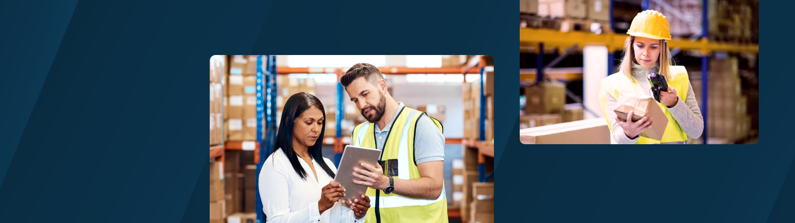 A warehouse environment where a man in a high-visibility vest is showing a tablet to a woman in a white blouse. Stacks of cardboard boxes line the shelves in the background.