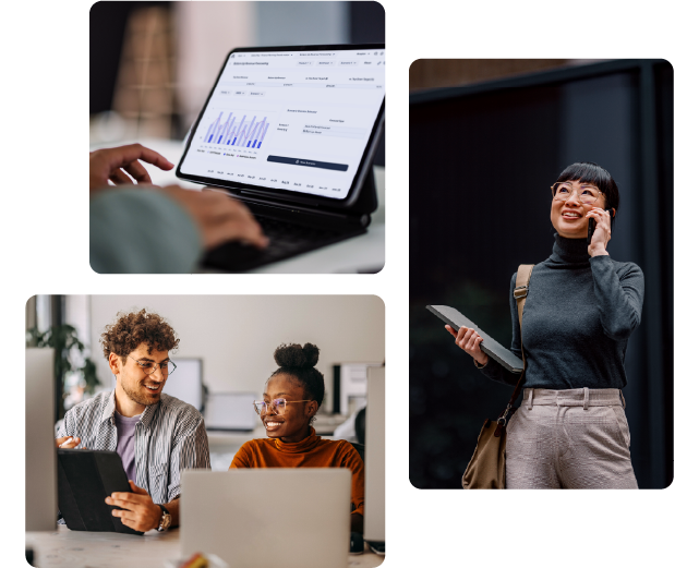 Three images depicting people using laptops and speaking on the phone, showcasing a collaborative work environment.