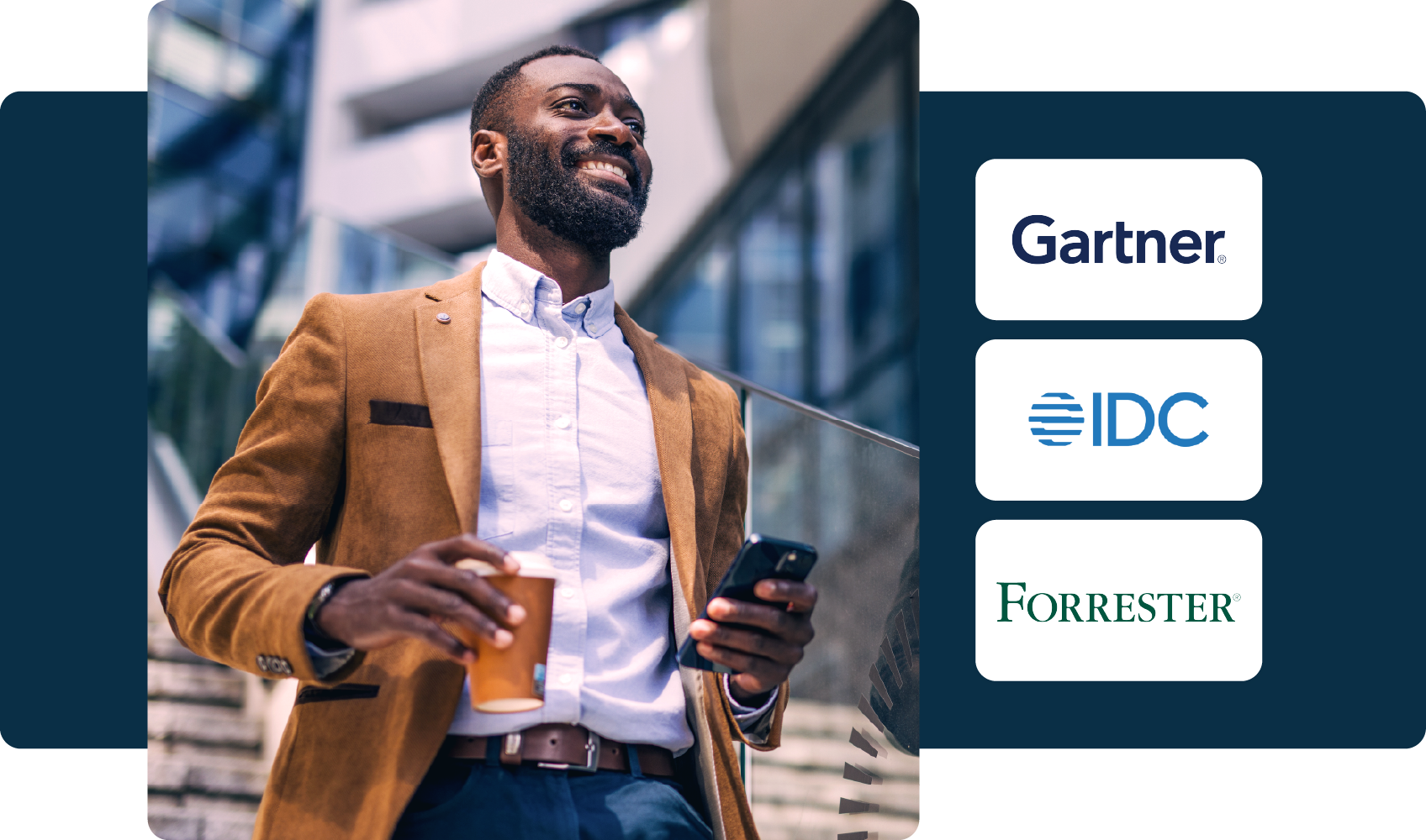 Analyst Research Bundle Overview Analyst Finance Tile Smiling businessman in a city setting holding a coffee cup and phone, with analyst logos (Gartner, IDC, Forrester) displayed to the right.