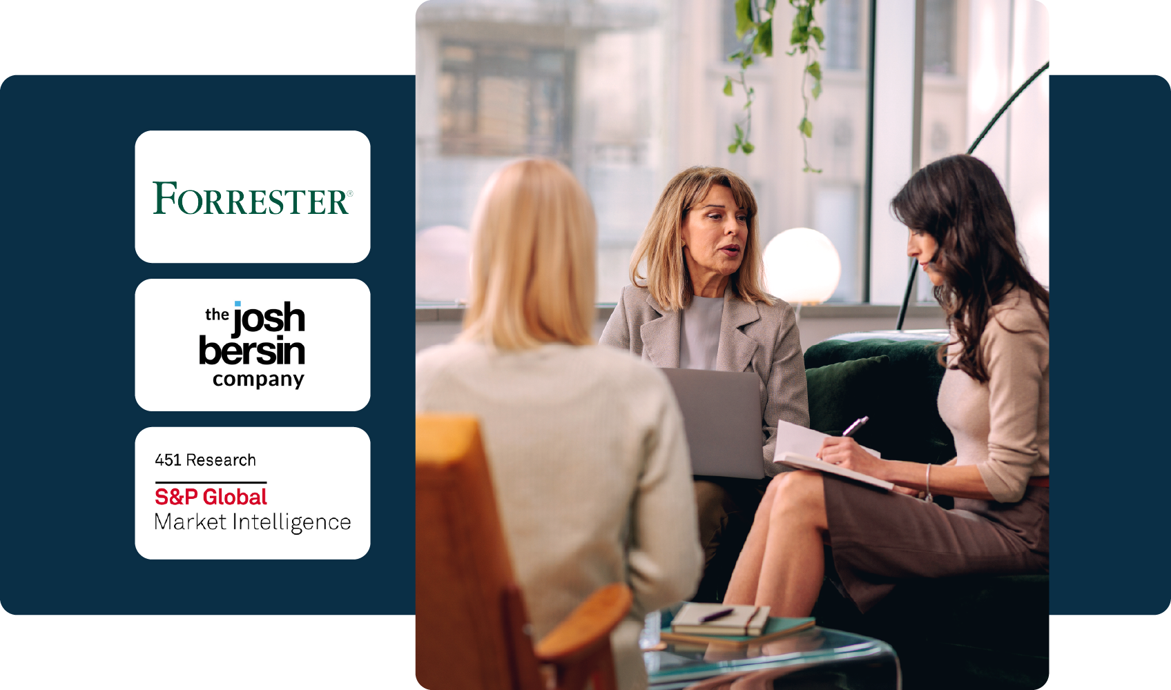 Analyst Research Bundle Overview Analyst HR Workforce Tile Three professional women in a business meeting, seated in a modern office space, with analyst logos (Forrester, The Josh Bersin Company, S&P Global) displayed to the left.