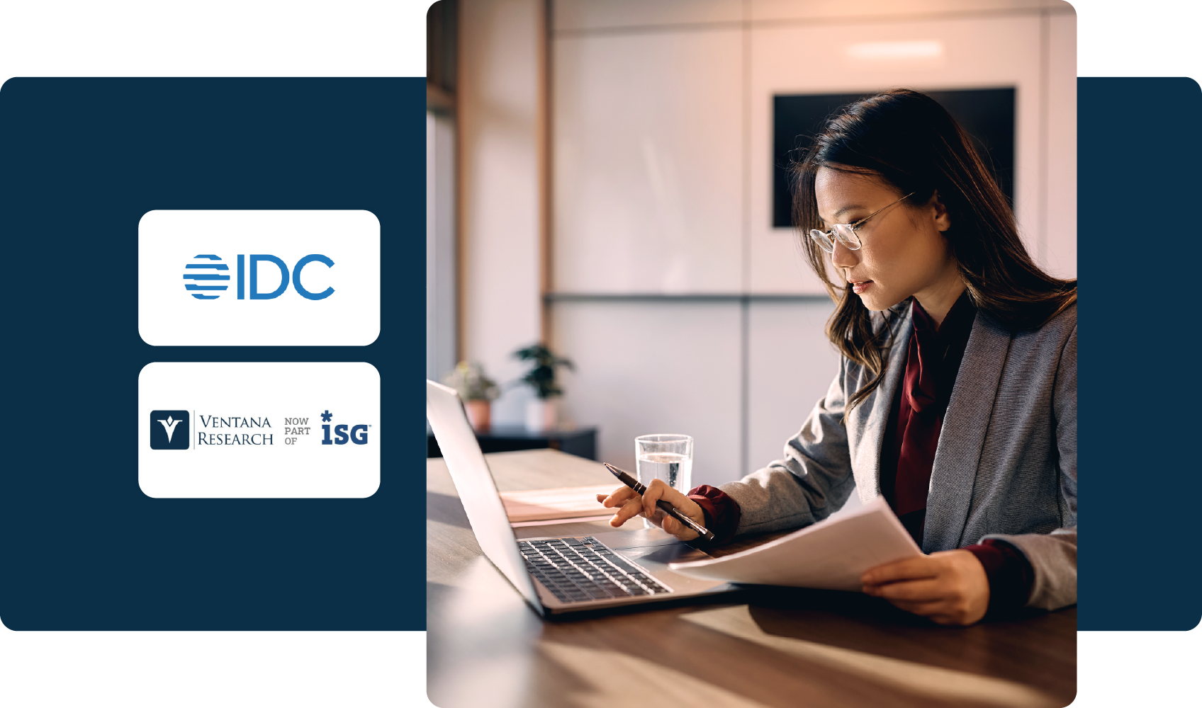 Analyst Research Bundle Overview Analyst Sales Marketing Tile Businesswoman working on a laptop at a desk with documents, next to analyst logos (IDC and Ventana Research).