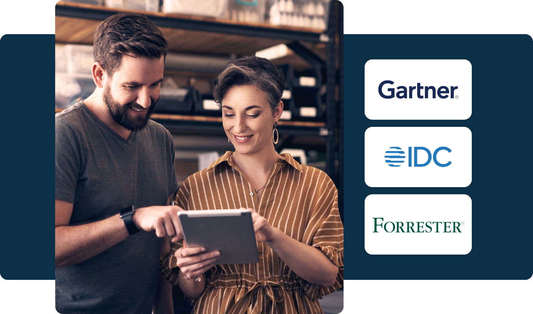 Analyst Research Bundle Overview Analyst Supply Chain Tile Two warehouse employees reviewing information on a tablet, with analyst logos (Gartner, IDC, Forrester) shown on the right.