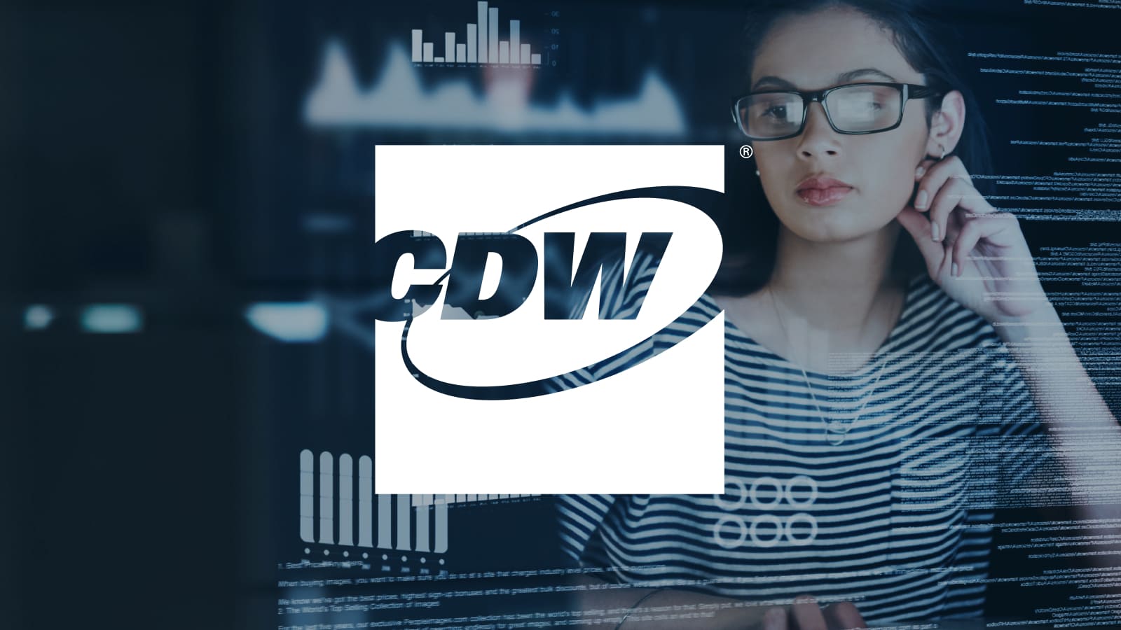 CDW Logo displayed center. A woman in glasses looks focused in front of data visualizations and digital charts.