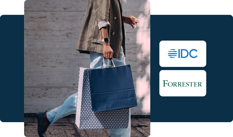 Retail Research Bundle Tile with IDC and Forrester Logos Image of a person walking carrying shopping bags next to IDC and Forrester Logos