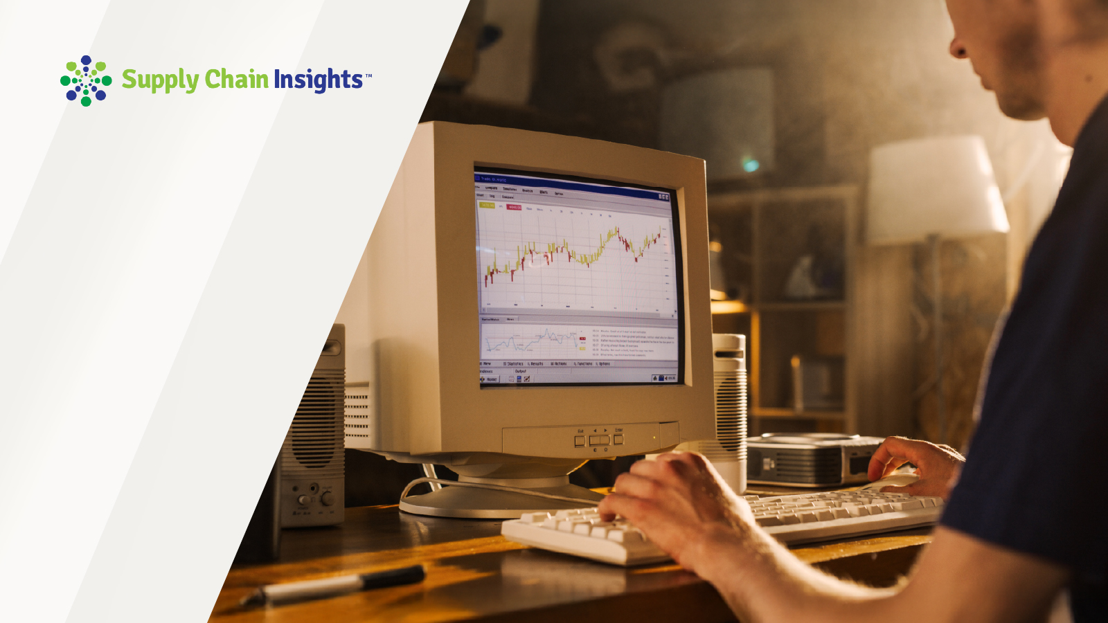 A person types on a vintage keyboard connected to a beige CRT monitor displaying a stock chart, set in a warmly lit room with retro furnishings. The Supply Chain Insights logo appears in the top left corner.