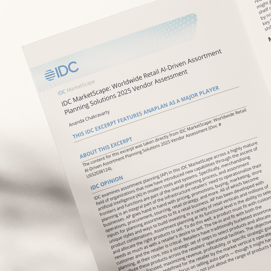 IDC Retail Assortment Planning Solutions 2025 Assessment Promo Tile IDC MarketScape excerpt on retail assortment planning. Document highlights Anaplan as a major player in the 2025 vendor assessment for worldwide AI-driven assortment planning solutions.