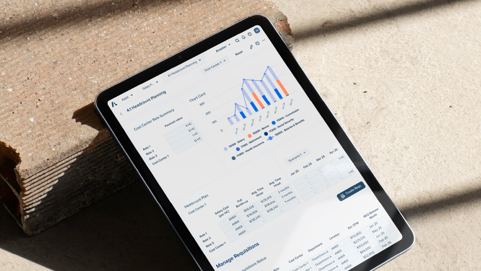 Ending CTA Tablet Headcount Planning Resource Tile An iPad displaying a dashboard rests on a stylish leather chair, showcasing a blend of technology and elegance.